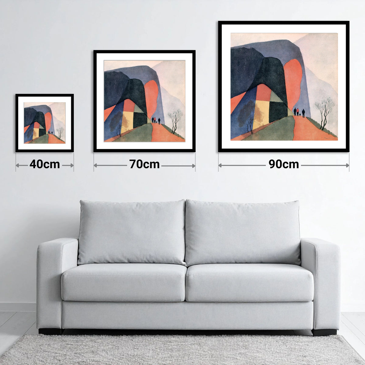 Walkers on a Terracotta Fell Path - size guide showing 40cm, 70cm and 90cm art prints