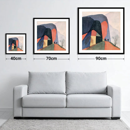 Walkers on a Terracotta Fell Path - size guide showing 40cm, 70cm and 90cm art prints