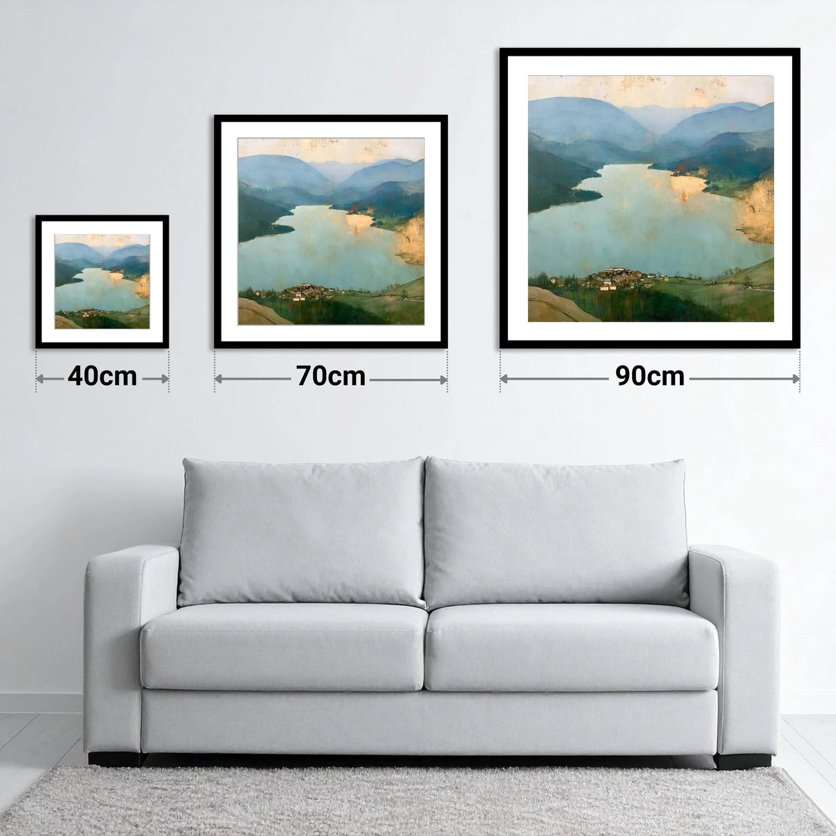 Glenridding and Ullswater in Gold - size guide showing 40cm, 70cm and 90cm art prints