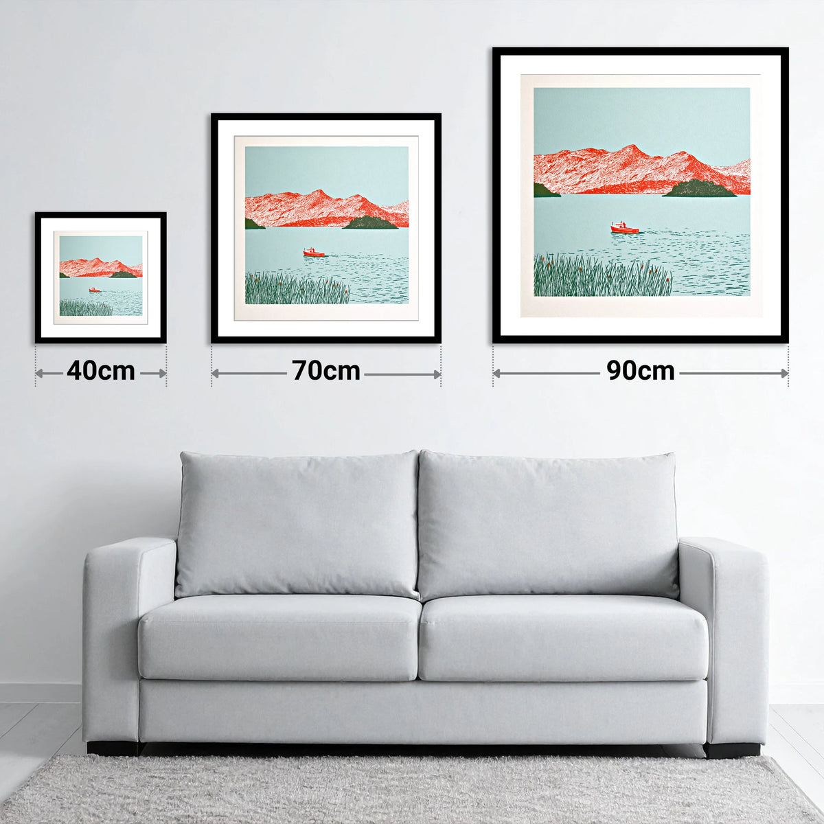 Derwentwater Fells in Vivid Red - size guide showing 40cm, 70cm and 90cm art prints