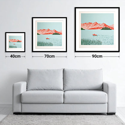 Derwentwater Fells in Vivid Red - size guide showing 40cm, 70cm and 90cm art prints