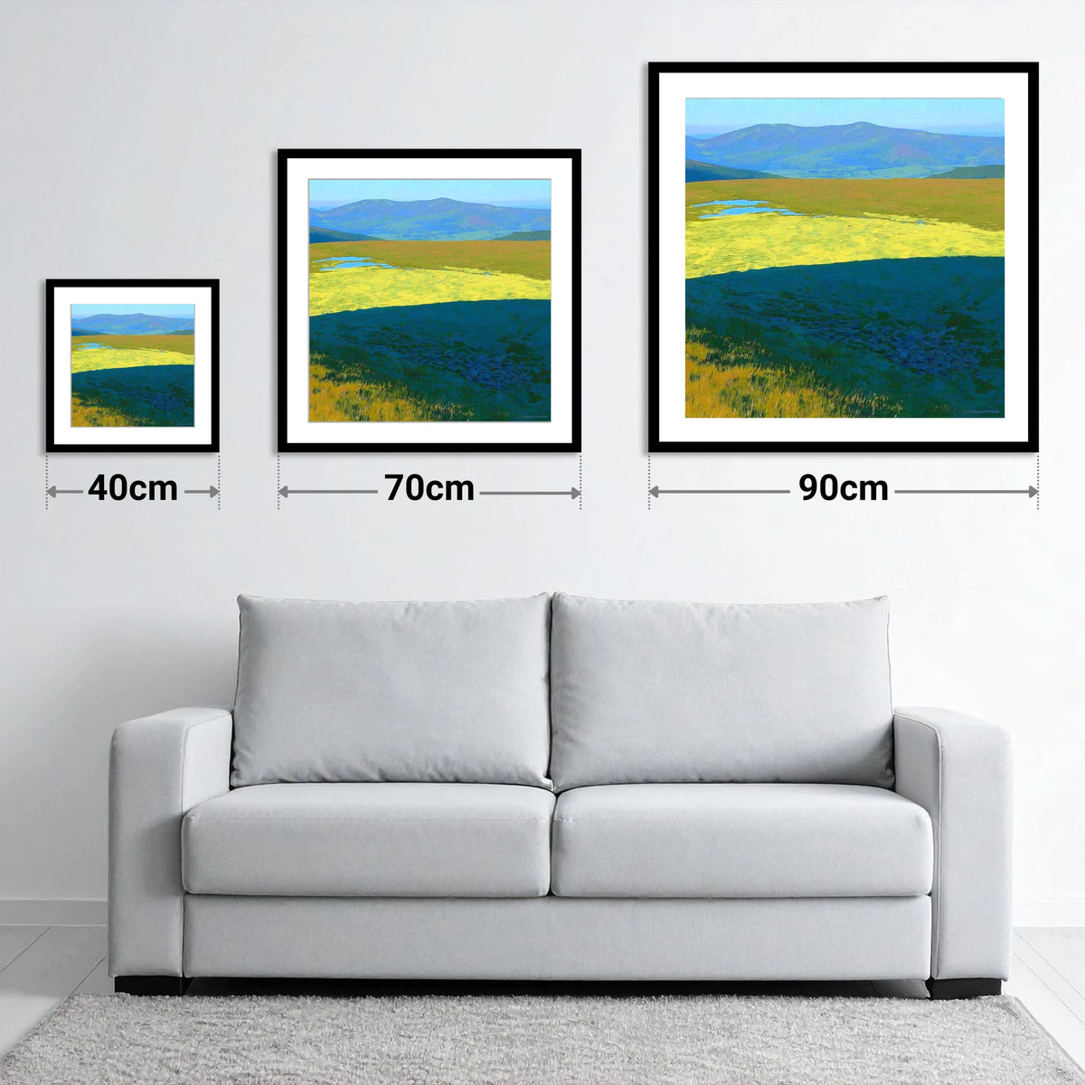 Sunlit Plateau on Mungrisdale Common - size guide showing 40cm, 70cm and 90cm art prints