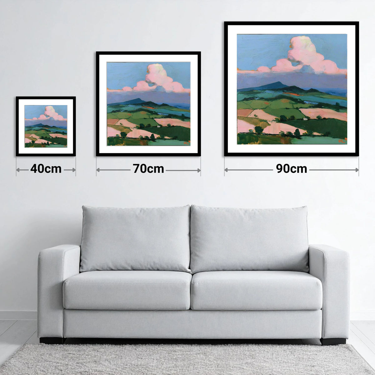 Blush Clouds Over Rolling Fells - size guide showing 40cm, 70cm and 90cm art prints