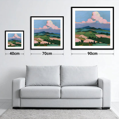 Blush Clouds Over Rolling Fells - size guide showing 40cm, 70cm and 90cm art prints