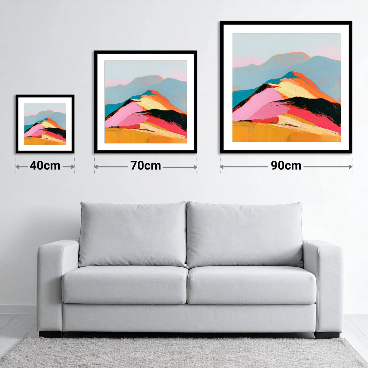 Vivid View From the Summit - size guide showing 40cm, 70cm and 90cm art prints