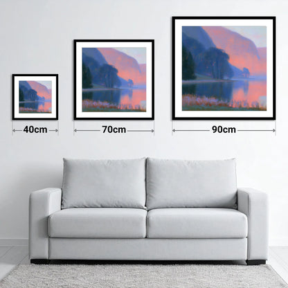 Lake Edge In Pink Twilight - size guide showing 40cm, 70cm and 90cm art prints