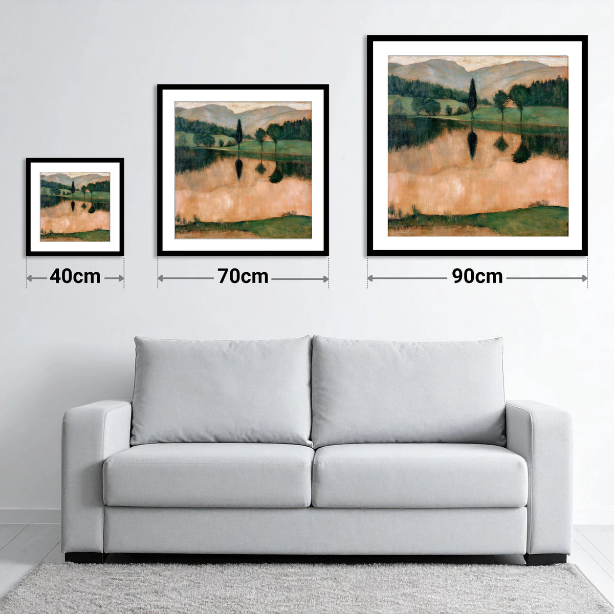 Warm Reflections on a Calm Lake - size guide showing 40cm, 70cm and 90cm art prints