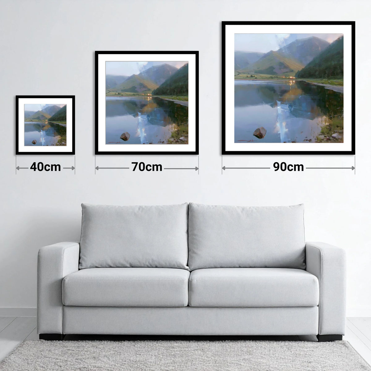 Evening Reflections on Loweswater - size guide showing 40cm, 70cm and 90cm art prints