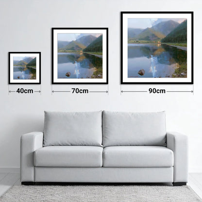 Evening Reflections on Loweswater - size guide showing 40cm, 70cm and 90cm art prints