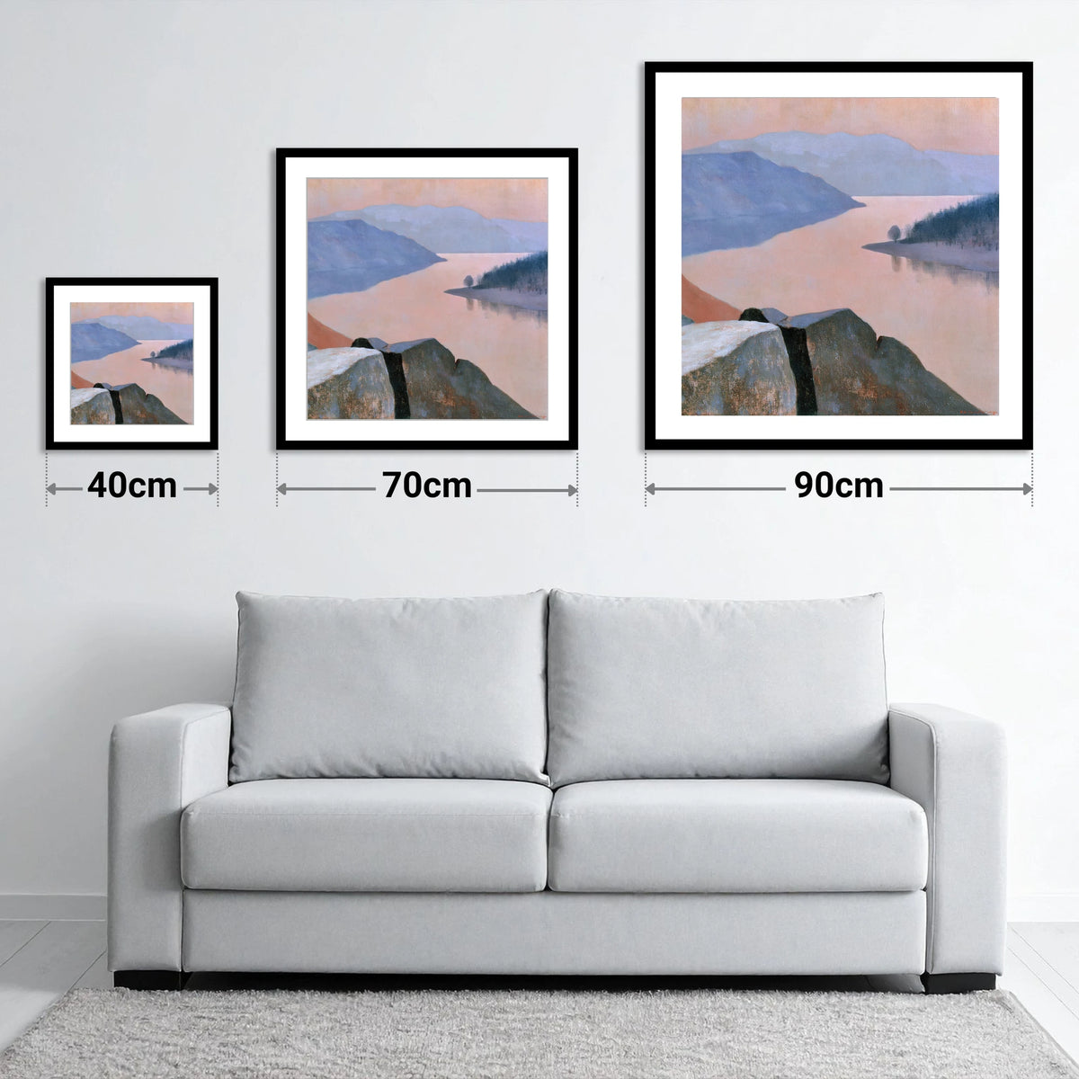 Ullswater in Soft Peach Light - size guide showing 40cm, 70cm and 90cm art prints