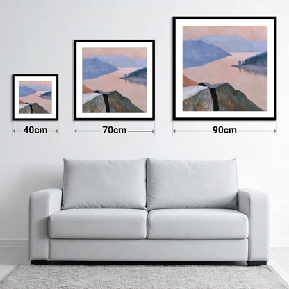 Ullswater in Soft Peach Light - size guide showing 40cm, 70cm and 90cm art prints