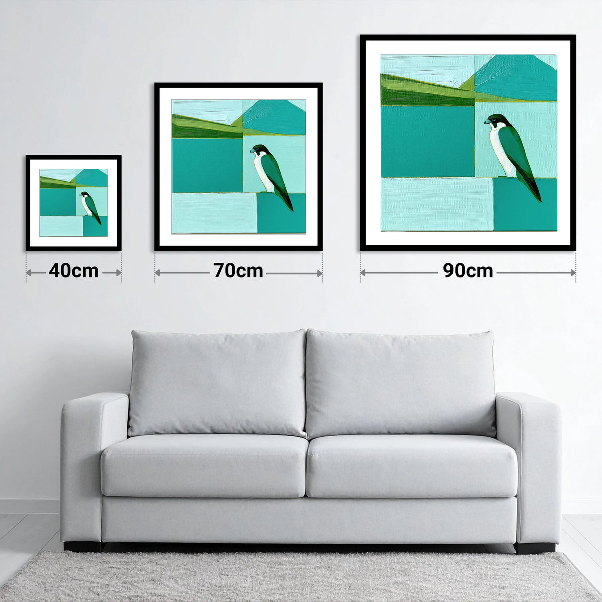 Peregrine Falcon Against Teal Fells - size guide showing 40cm, 70cm and 90cm art prints
