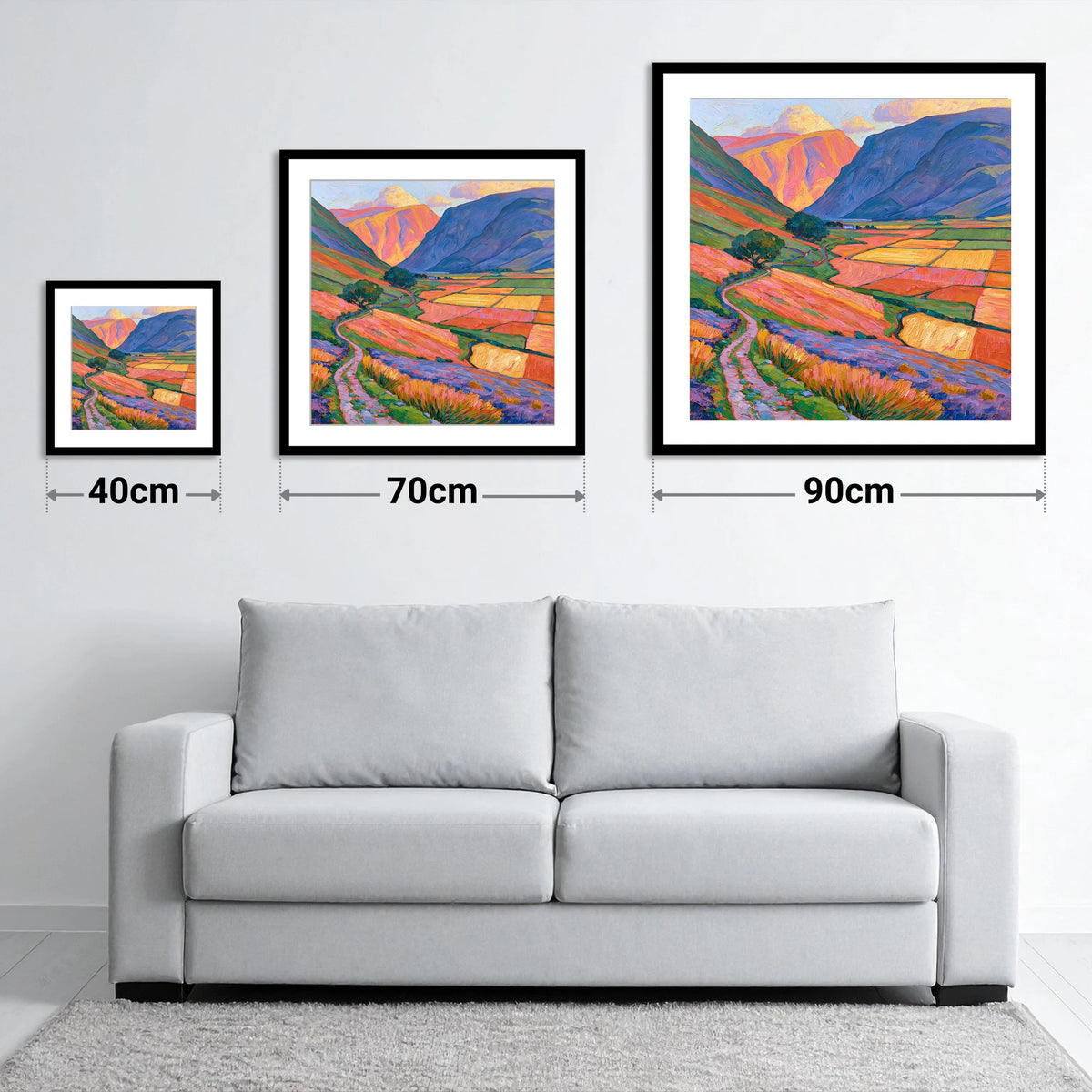 Sunlight on Patchwork Valley Fields - size guide showing 40cm, 70cm and 90cm art prints