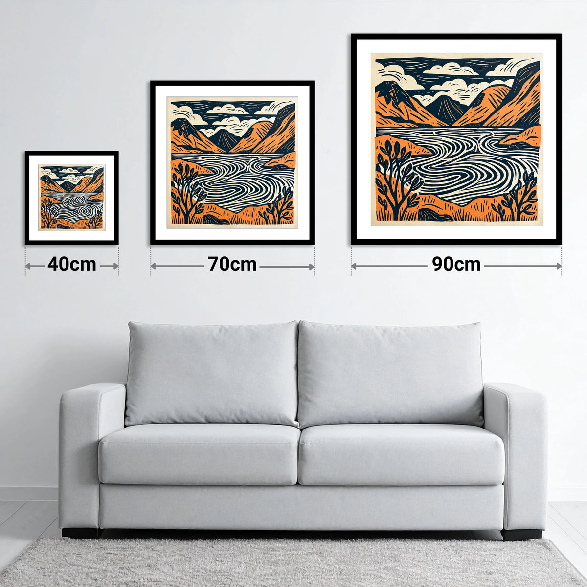 Wasdale Valley in Terracotta - size guide showing 40cm, 70cm and 90cm art prints