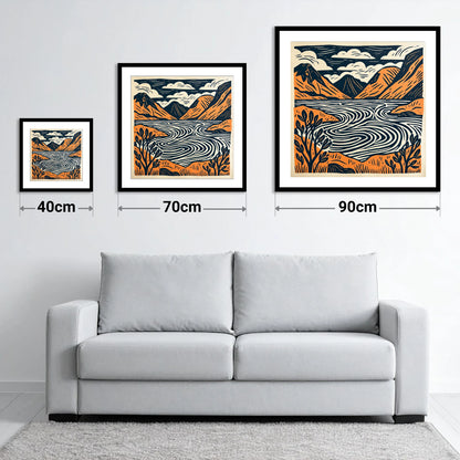 Wasdale Valley in Terracotta - size guide showing 40cm, 70cm and 90cm art prints