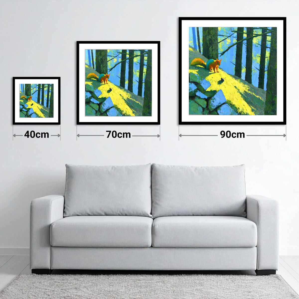 Red Squirrel in Sunlit Woodland - size guide showing 40cm, 70cm and 90cm art prints