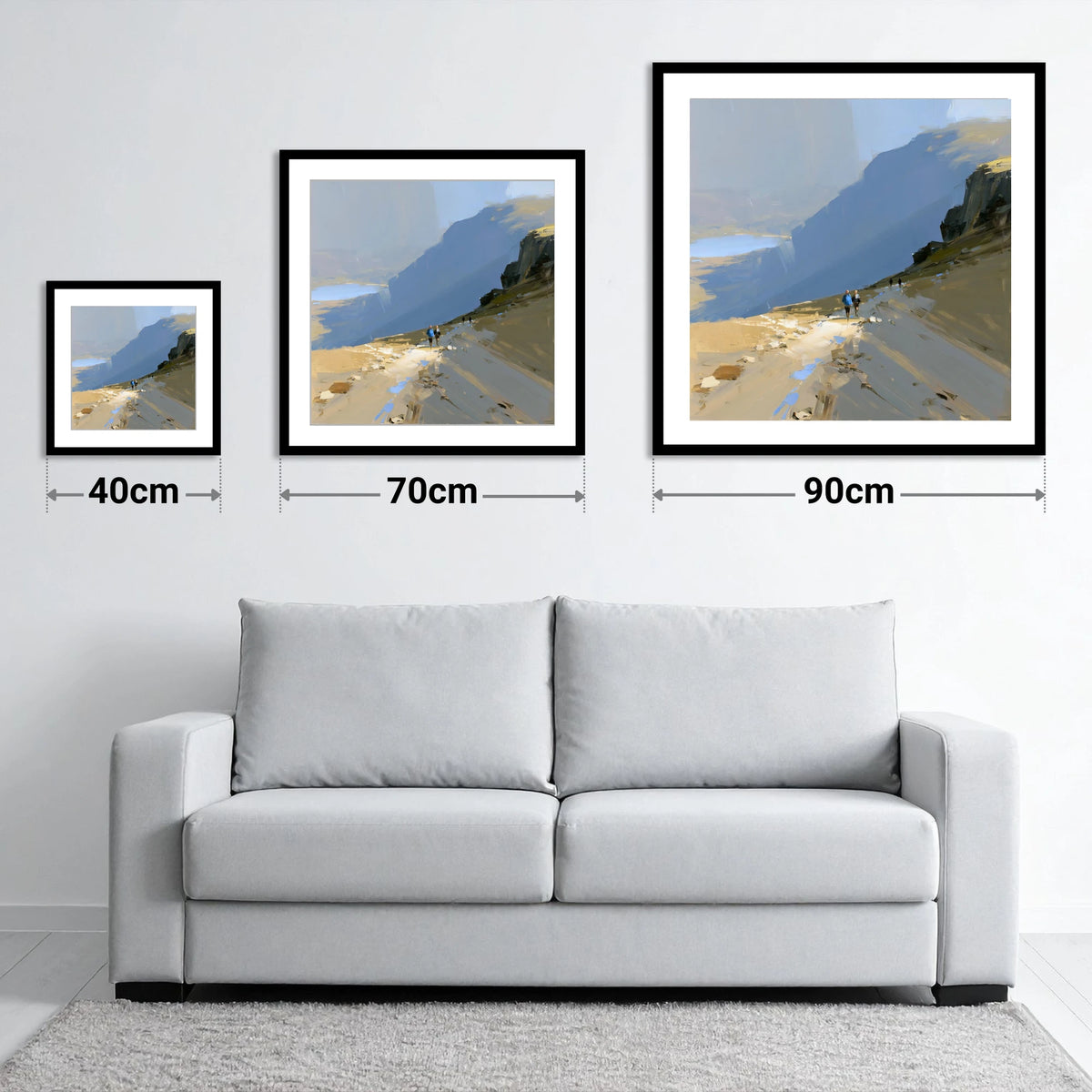 Fell Walkers on a High Path - size guide showing 40cm, 70cm and 90cm art prints