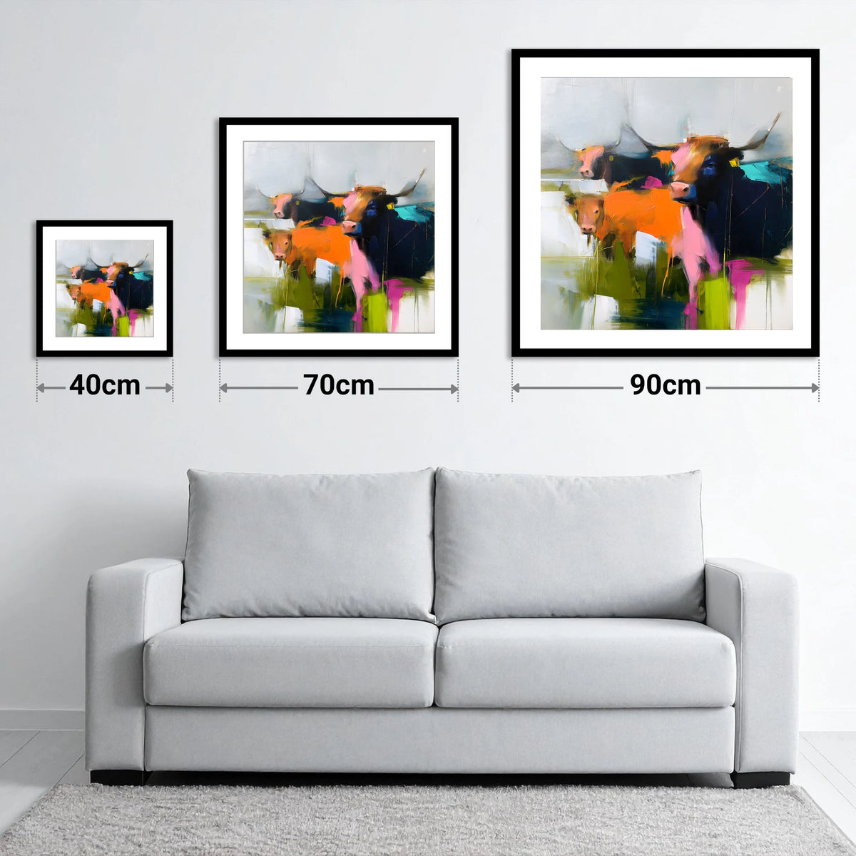 Abstract Highland Cattle Grazing - size guide showing 40cm, 70cm and 90cm art prints