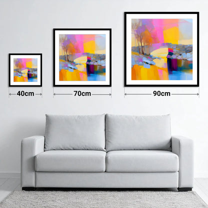 Stone Bridge Under Fuchsia Sky - size guide showing 40cm, 70cm and 90cm art prints