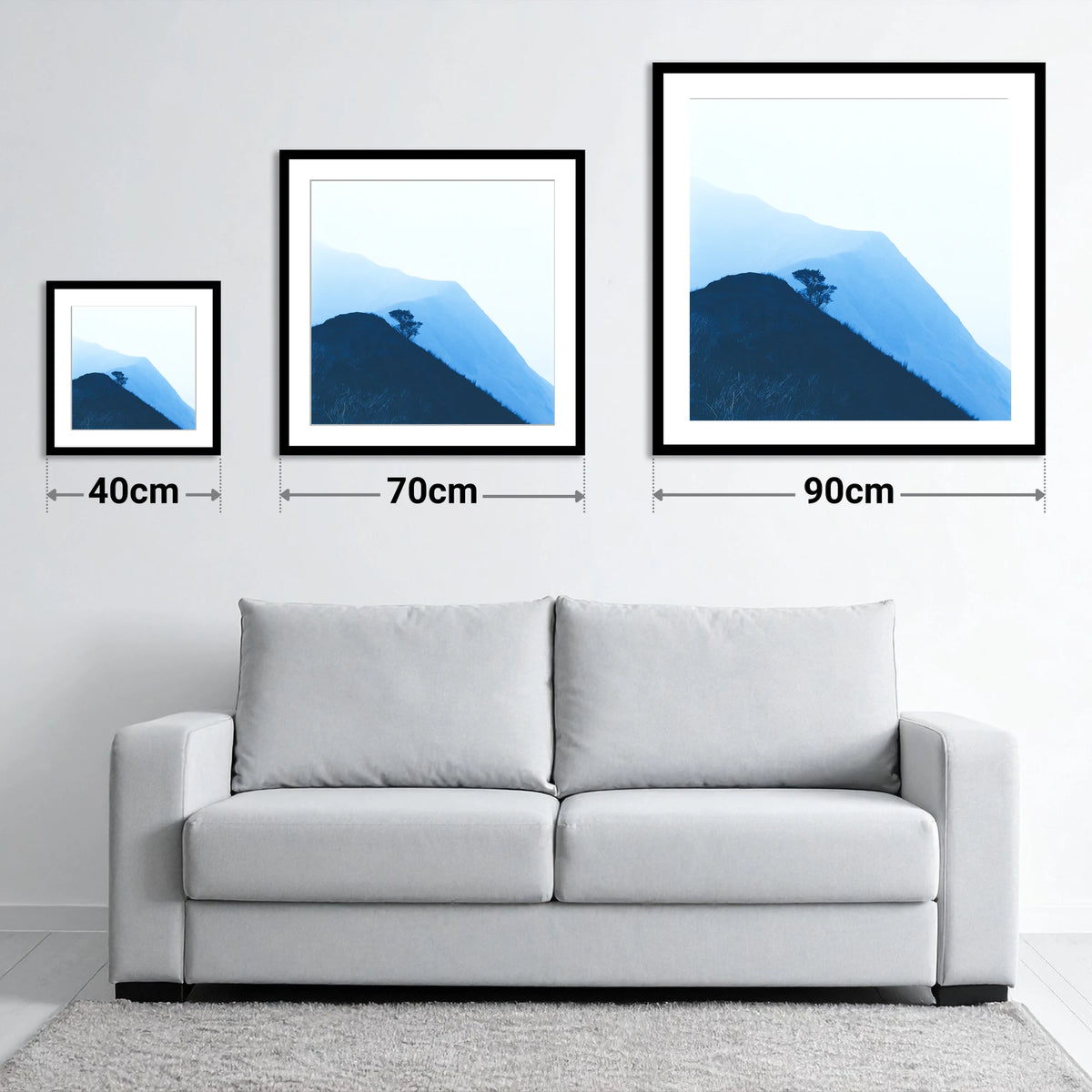 Lone Tree on Blue Ridge - size guide showing 40cm, 70cm and 90cm art prints