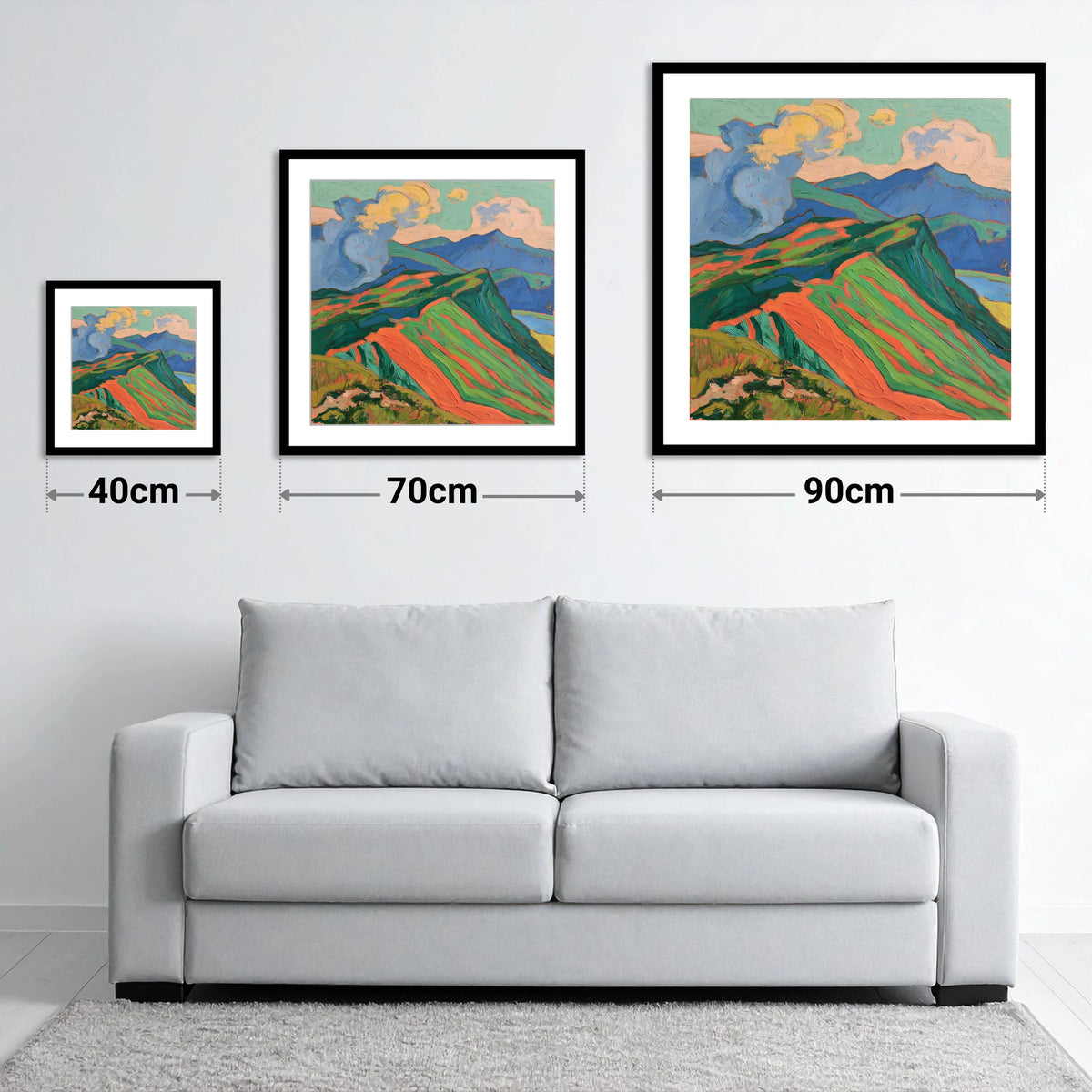 Vivid Misty Mountain Ridge - size guide showing 40cm, 70cm and 90cm art prints