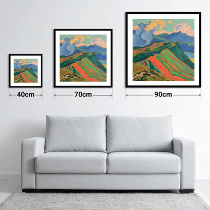 Vivid Misty Mountain Ridge - size guide showing 40cm, 70cm and 90cm art prints