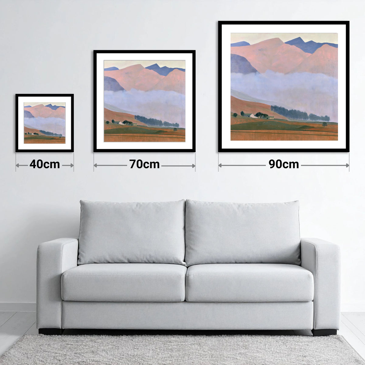 Pink Fells Above Valley Cloud - size guide showing 40cm, 70cm and 90cm art prints