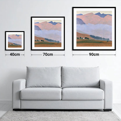 Pink Fells Above Valley Cloud - size guide showing 40cm, 70cm and 90cm art prints