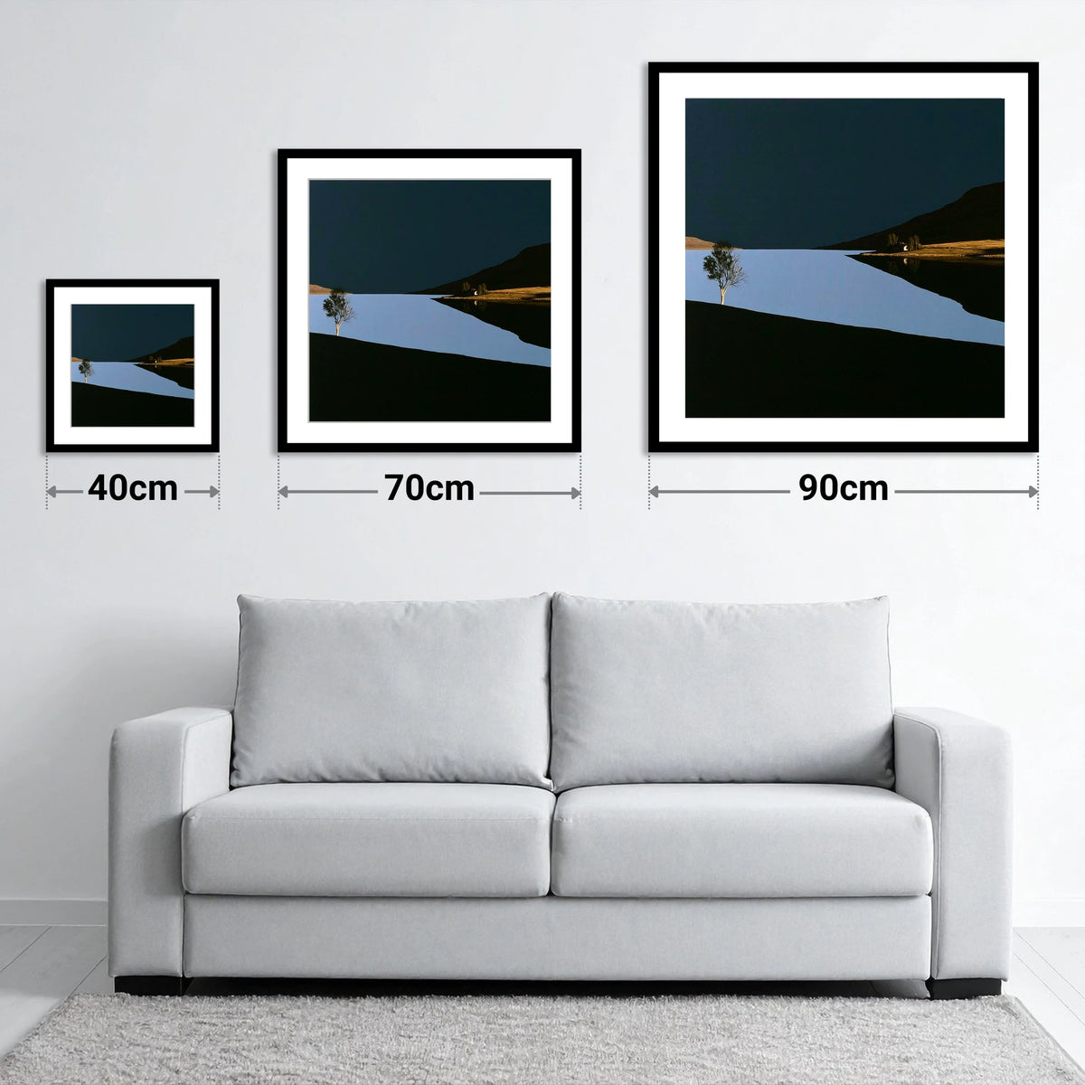 Dark Sky Lake District Sunset - size guide showing 40cm, 70cm and 90cm art prints