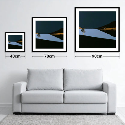 Dark Sky Lake District Sunset - size guide showing 40cm, 70cm and 90cm art prints