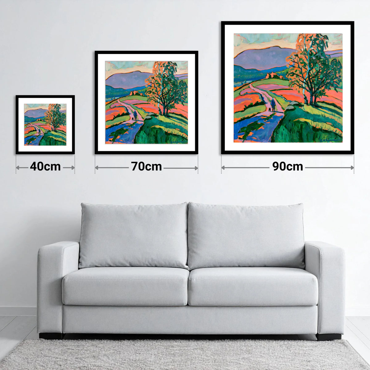Hawkshead Fells with Dog Walker - size guide showing 40cm, 70cm and 90cm art prints