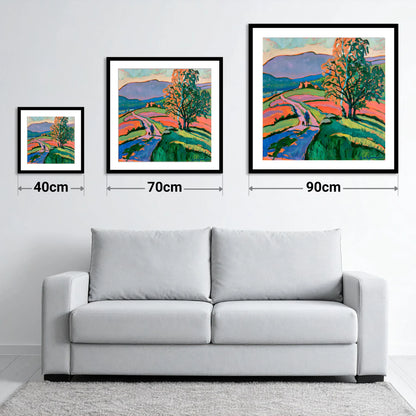 Hawkshead Fells with Dog Walker - size guide showing 40cm, 70cm and 90cm art prints