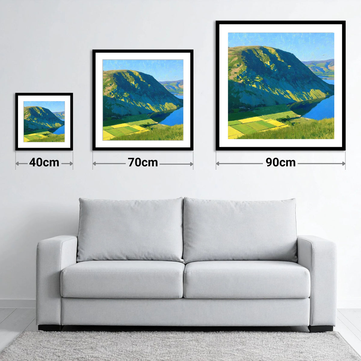 Vibrant Sunlight On Hallin Fell - size guide showing 40cm, 70cm and 90cm art prints