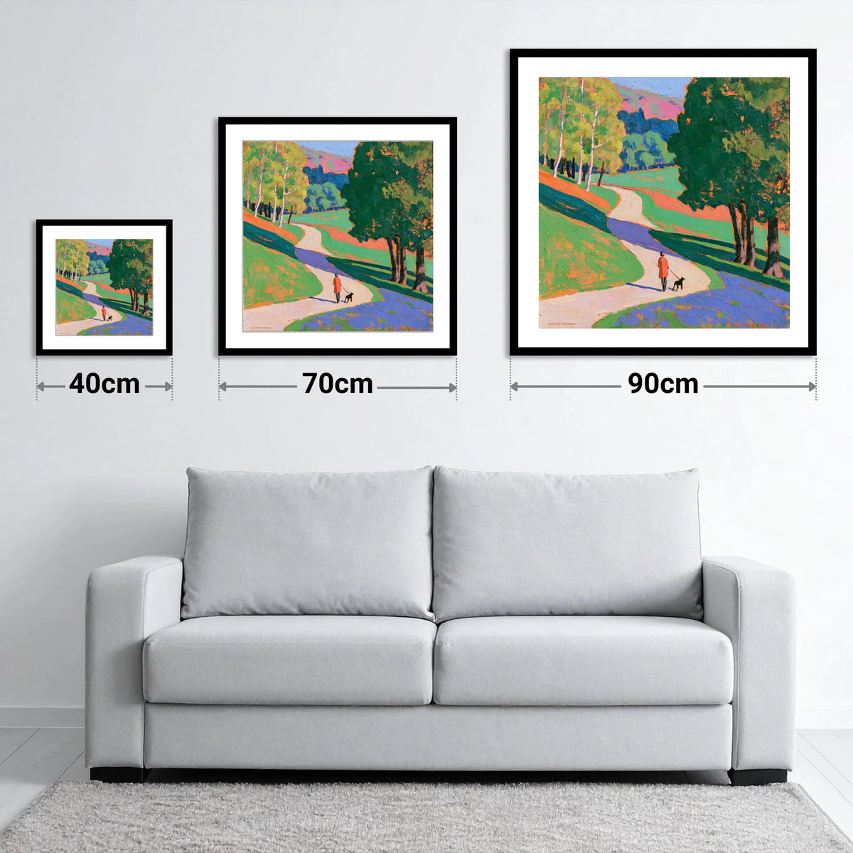 Vibrant Grasmere Dog Walk - size guide showing 40cm, 70cm and 90cm art prints