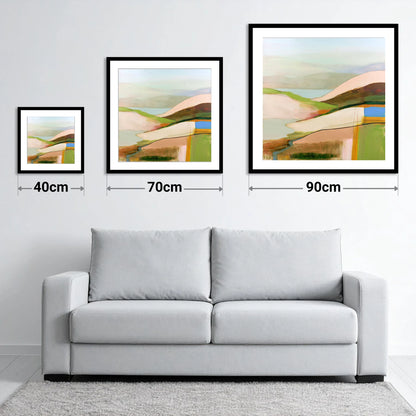 Abstract Pastel Fells from the Summit - size guide showing 40cm, 70cm and 90cm art prints
