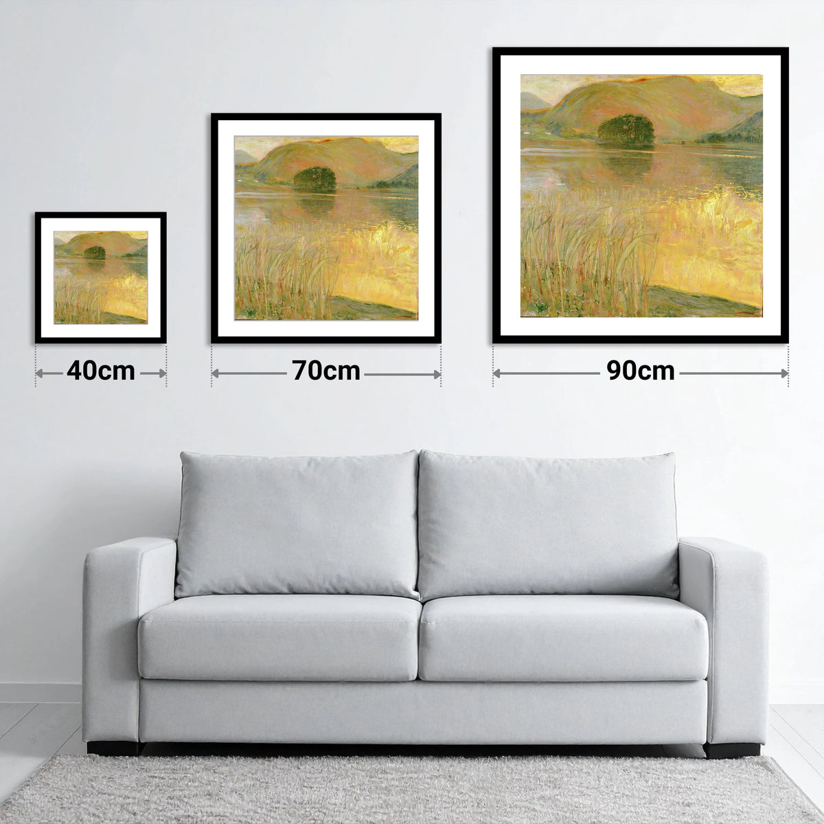 Golden Waters of Grasmere Island - size guide showing 40cm, 70cm and 90cm art prints