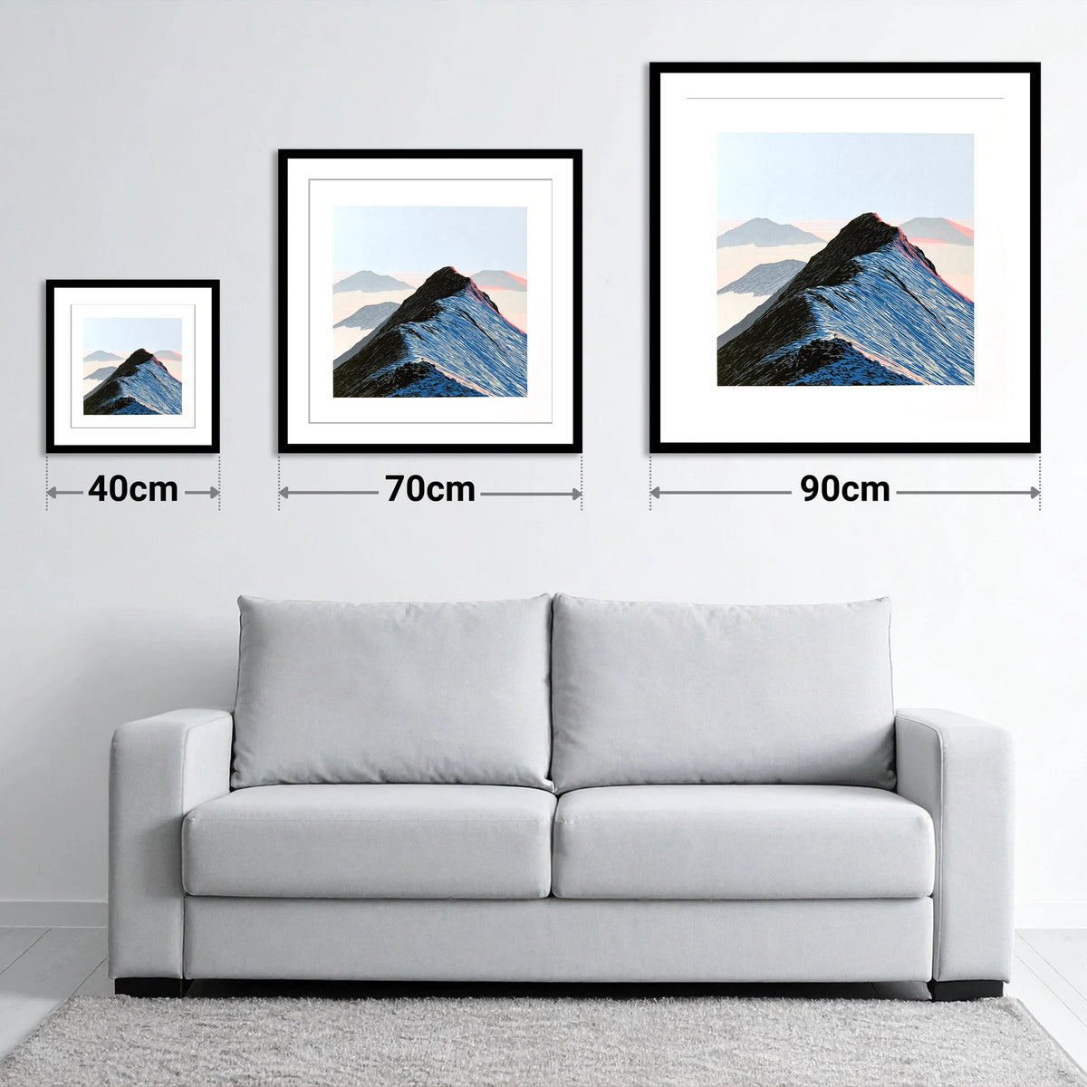 High Mountain Ridge Above Mist - size guide showing 40cm, 70cm and 90cm art prints