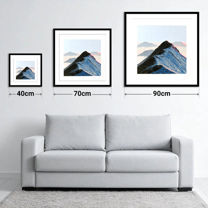 High Mountain Ridge Above Mist - size guide showing 40cm, 70cm and 90cm art prints