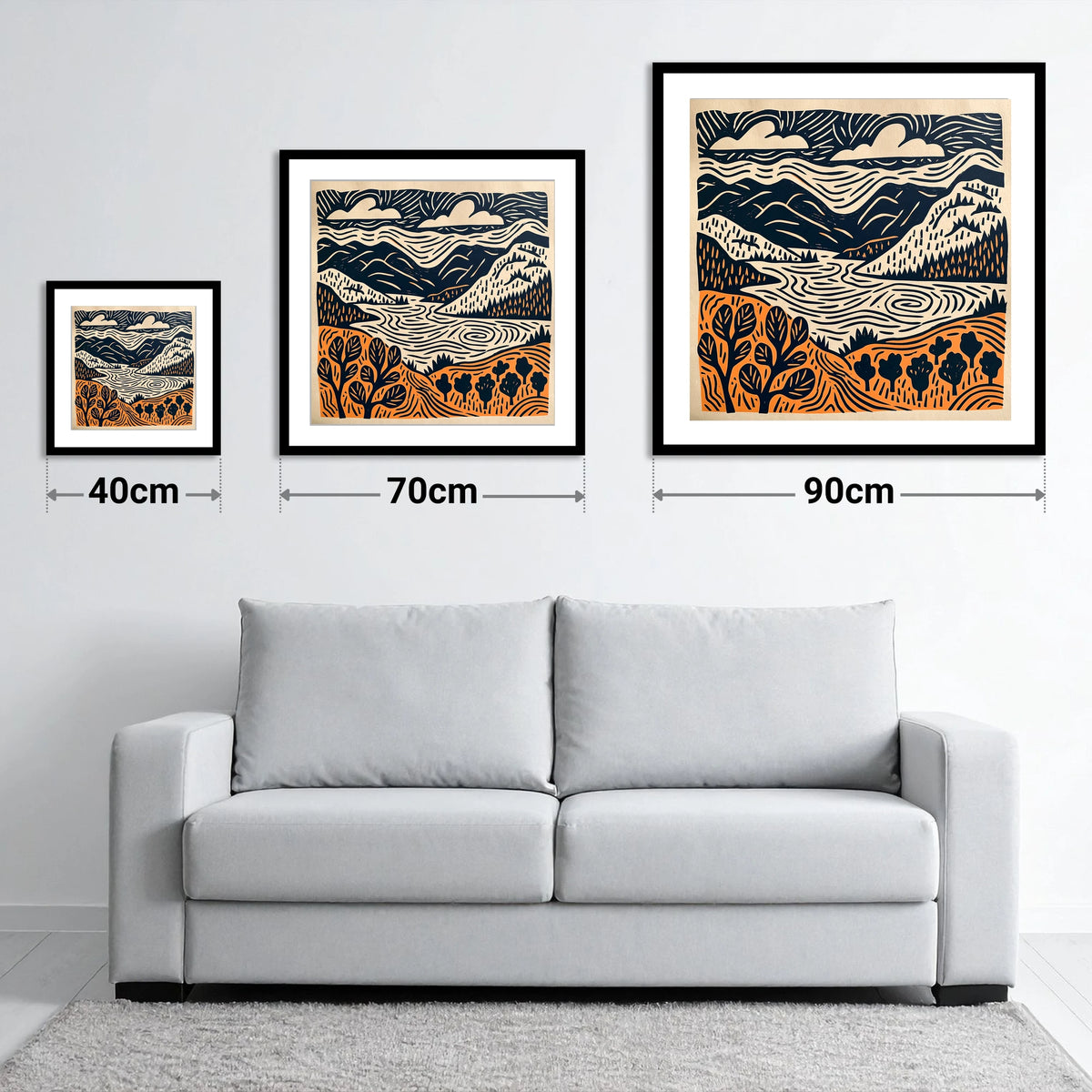 Winding Lake and Terracotta Fells - size guide showing 40cm, 70cm and 90cm art prints