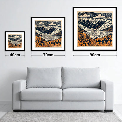 Winding Lake and Terracotta Fells - size guide showing 40cm, 70cm and 90cm art prints