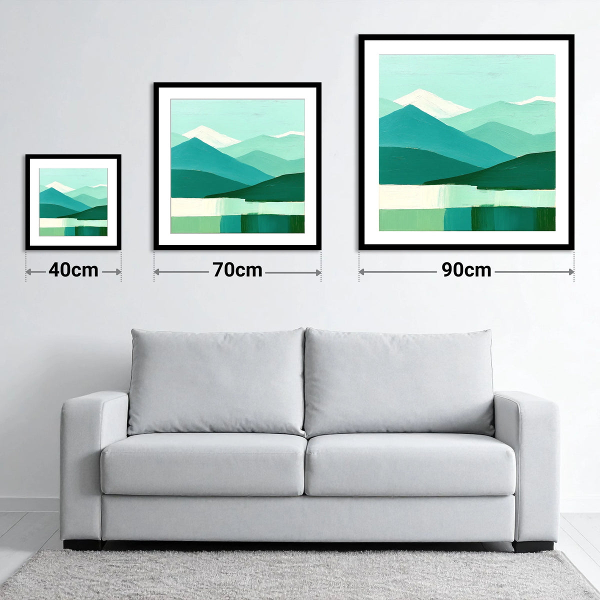 Abstract Teal Scafell Pike - size guide showing 40cm, 70cm and 90cm art prints
