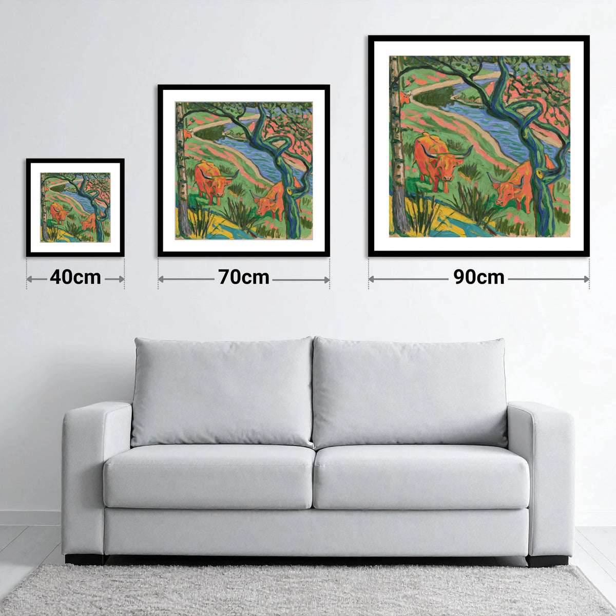 Vibrant Highland Cattle by the Beck - size guide showing 40cm, 70cm and 90cm art prints