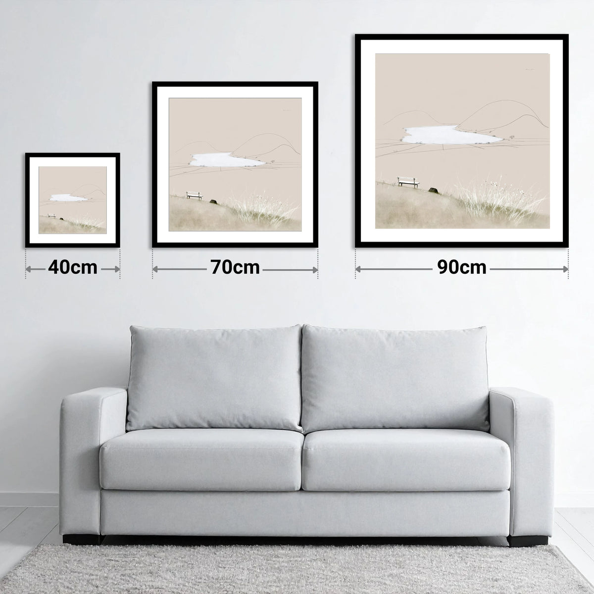 Loweswater Bench in Neutral Tones - size guide showing 40cm, 70cm and 90cm art prints