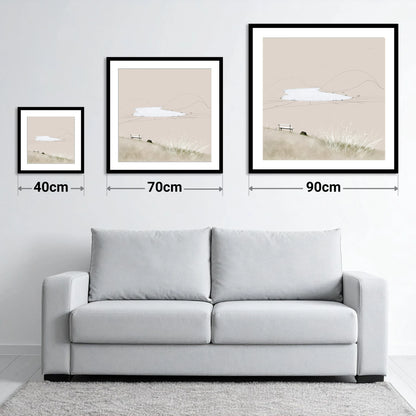 Loweswater Bench in Neutral Tones - size guide showing 40cm, 70cm and 90cm art prints