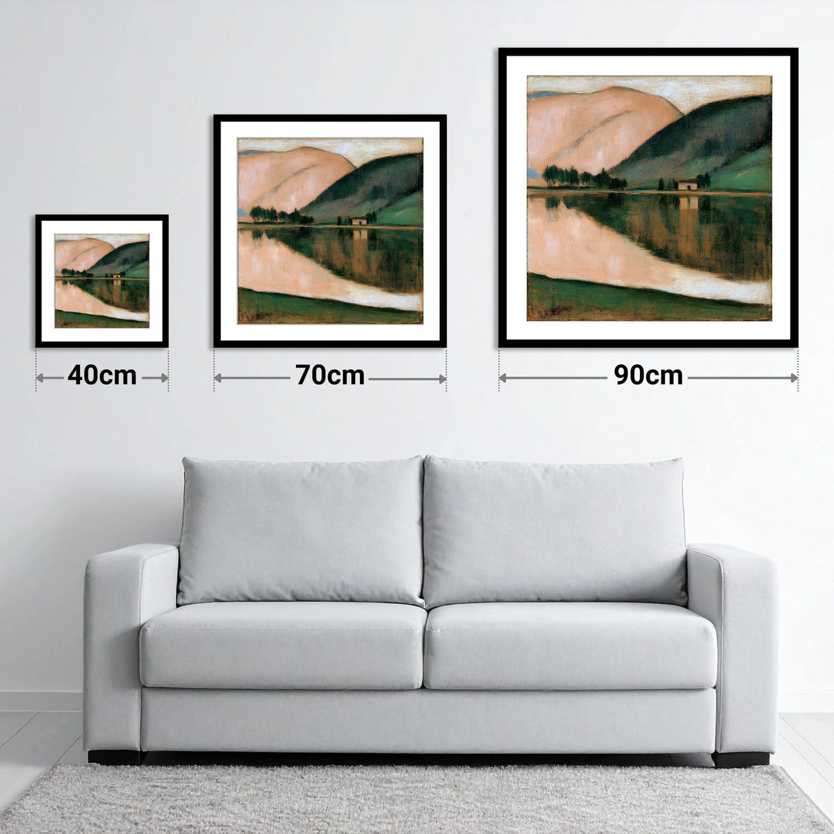 Calm Lake and Terracotta Fells - size guide showing 40cm, 70cm and 90cm art prints