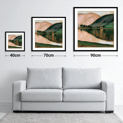 Calm Lake and Terracotta Fells - size guide showing 40cm, 70cm and 90cm art prints