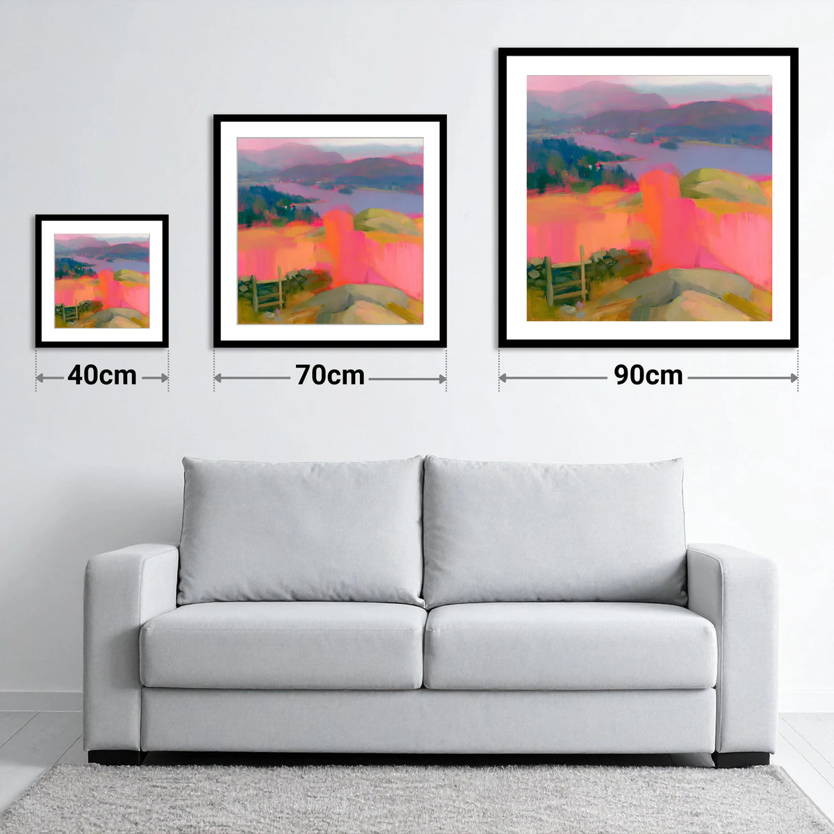 Vibrant Ambleside from Loughrigg - size guide showing 40cm, 70cm and 90cm art prints