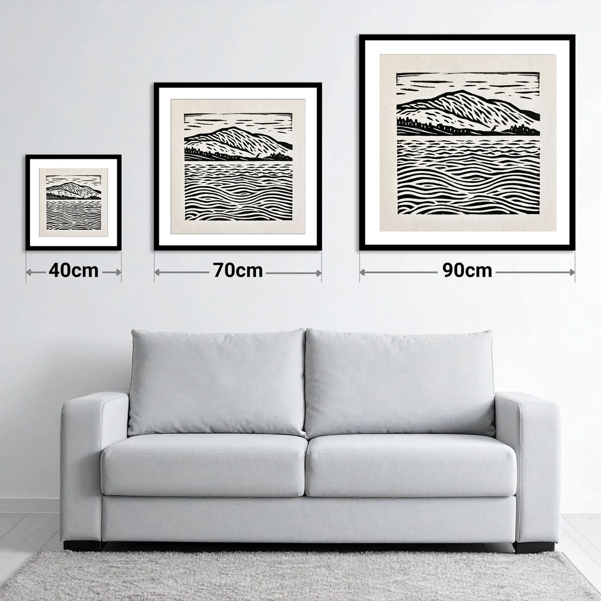 Coniston Water Monochrome Waves - size guide showing 40cm, 70cm and 90cm art prints