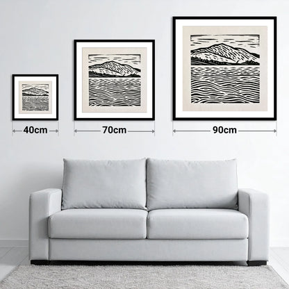 Coniston Water Monochrome Waves - size guide showing 40cm, 70cm and 90cm art prints