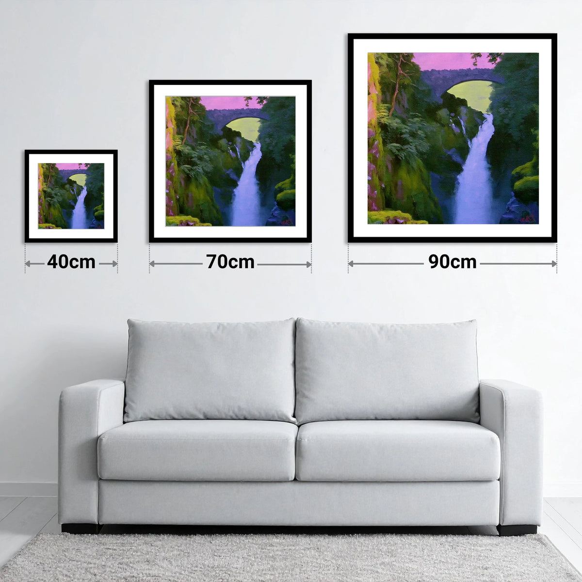 Aira Force Waterfall Magenta Sky - size guide showing 40cm, 70cm and 90cm art prints